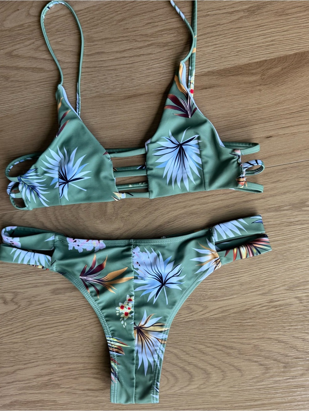Green Floral Strappy Bikini Set - Women's Swim Small